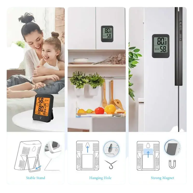 Black indoor digital temperature humidity meter with orange display showing temperature humidity readings and stand