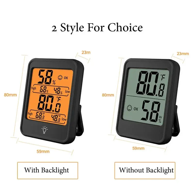 Indoor digital temperature humidity meter with stand black digital thermometer with orange and green backlight display
