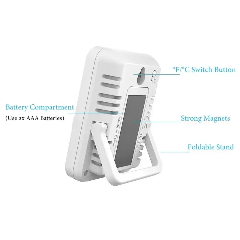 White plastic indoor digital temperature humidity meter with foldable stand and temperature switch button