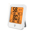 Indoor digital temperature humidity meter with white rectangular body and orange display showing temperature humidity readings