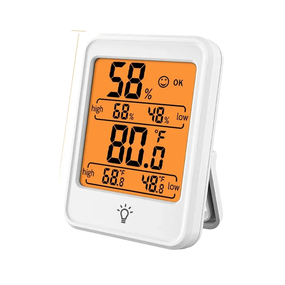 Indoor digital temperature humidity meter with white rectangular body and orange display showing temperature humidity readings
