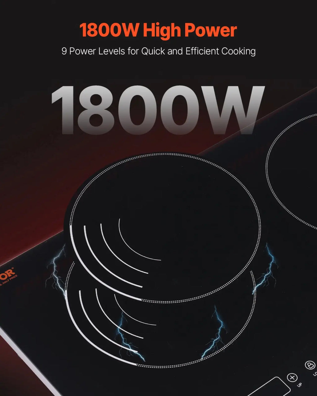 Black 1800w induction cooktop with dual circular heating zones and blue lightning effects for electric countertop use