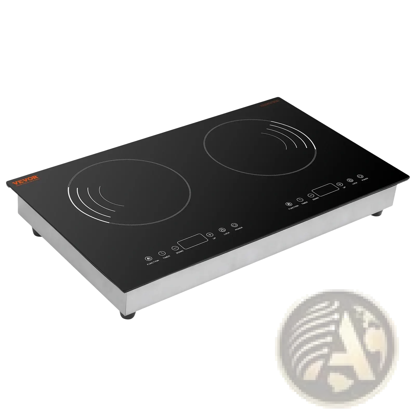 Black glass-ceramic induction cooktop 1800w dual burner with stainless steel frame and vevor logo on top left corner