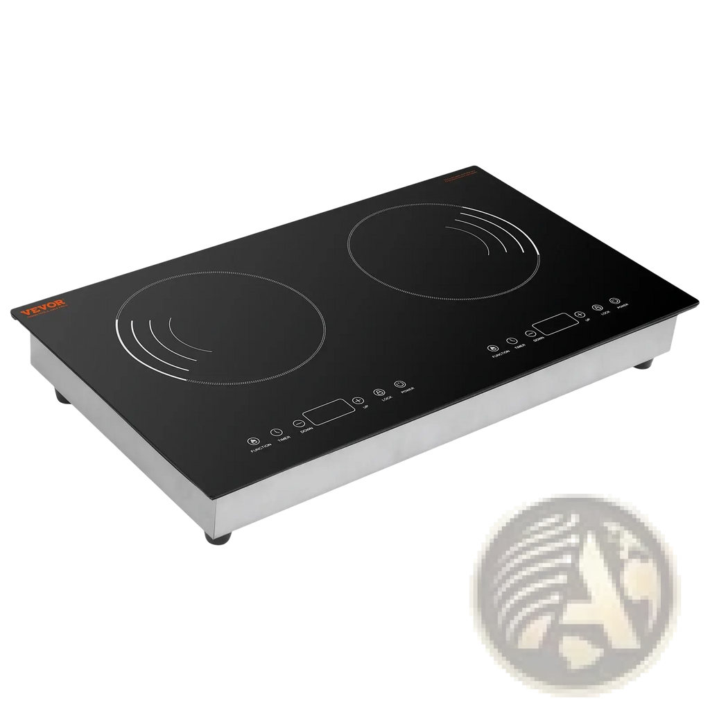Black glass-ceramic induction cooktop 1800w dual burner with stainless steel frame and vevor logo on top left corner