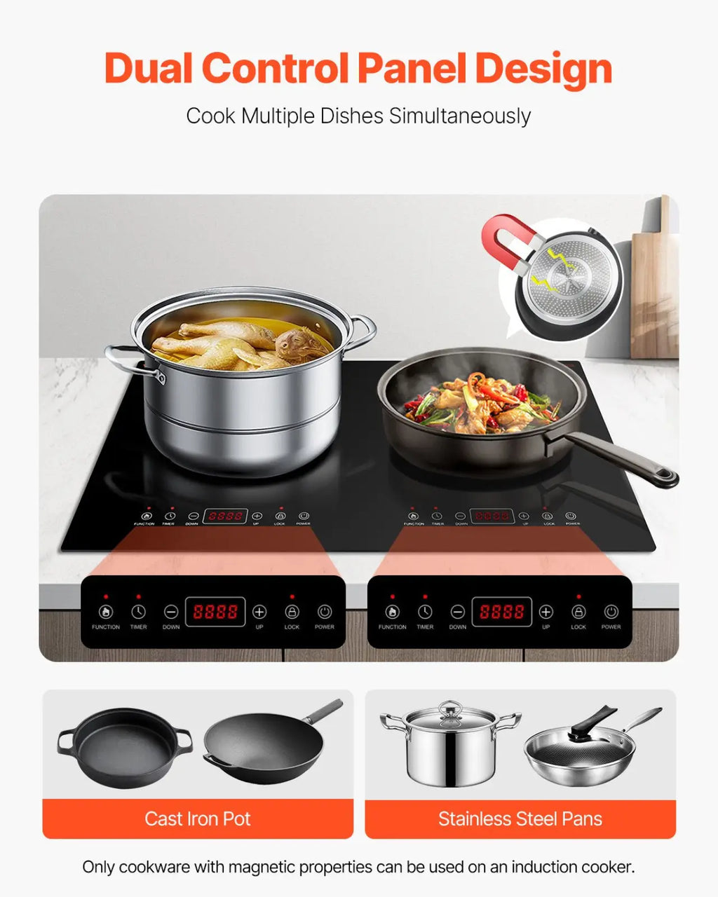 Black induction cooktop 1800w dual burner electric countertop with dual control panels and digital displays for multitasking