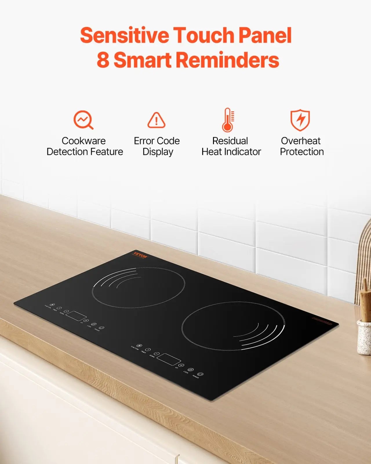 Black glass-ceramic induction cooktop with two circular heating zones and a sensitive touch panel control interface