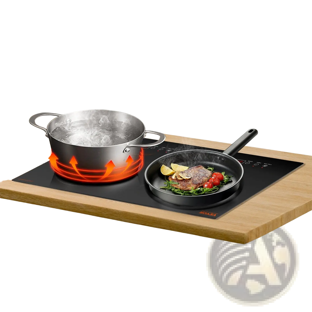 Black induction cooktop 1800w dual burner electric countertop with silver pot and black frying pan on surface