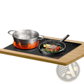 Black induction cooktop 1800w dual burner electric countertop with silver pot and black frying pan on surface