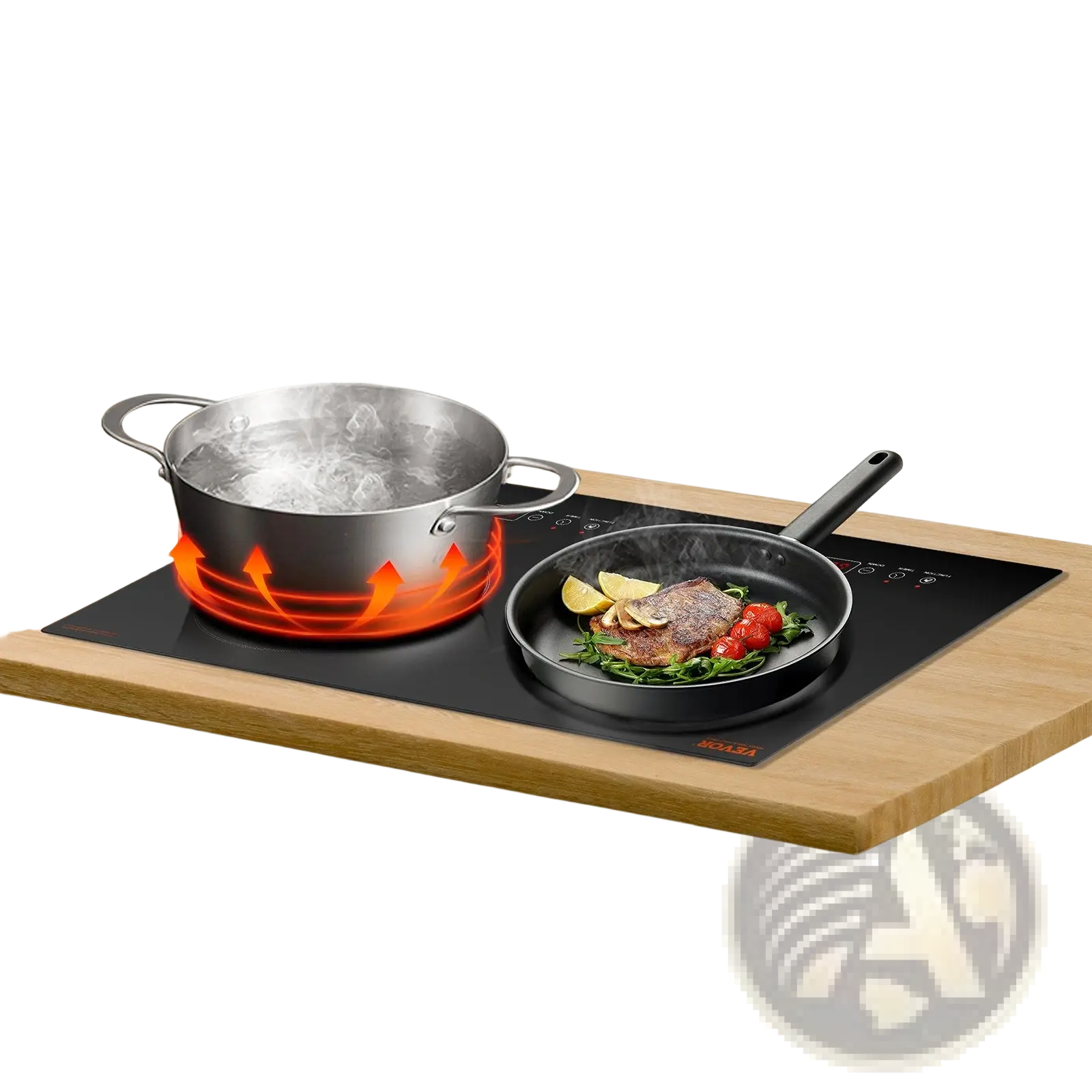 Black induction cooktop 1800w dual burner electric countertop with silver pot and black frying pan on surface