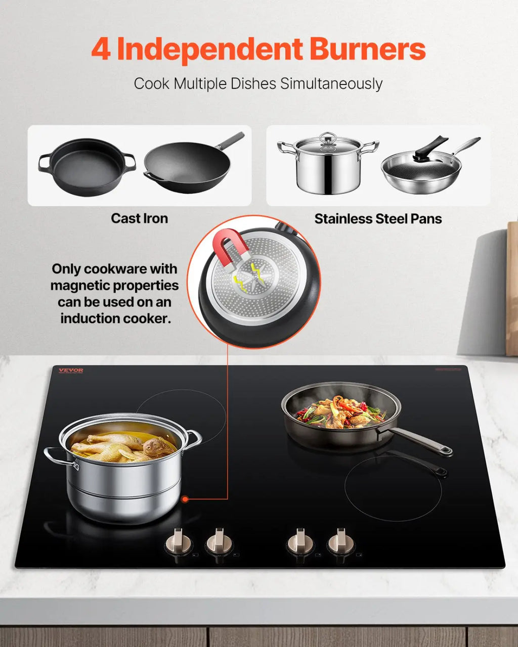 Black glass-ceramic induction cooktop with four burners and silver knob control for efficient cooking 6600w power