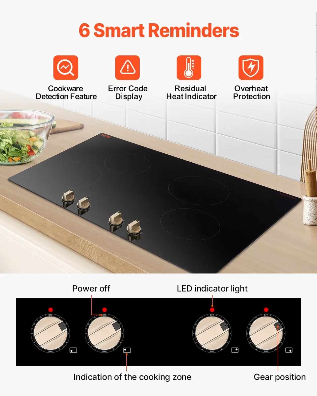 Black glass-ceramic induction cooktop with four burners and metallic knob controls 6600w stove