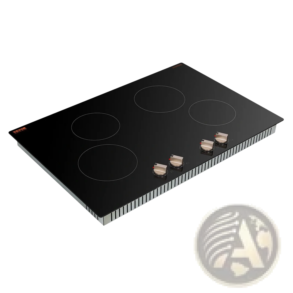 Black glass-ceramic induction cooktop 4 burner 6600w with circular heating elements and metallic knob control stove