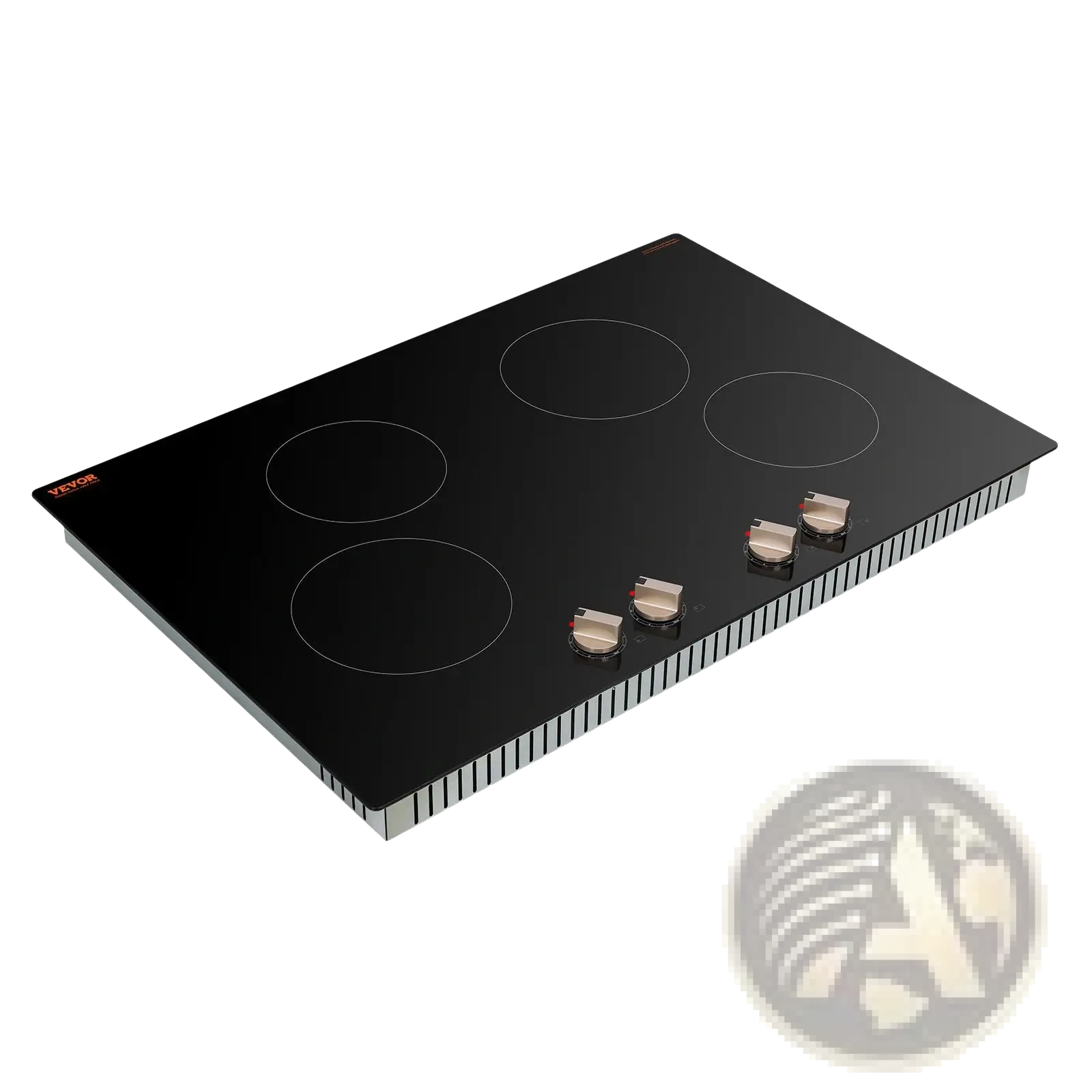 Black glass-ceramic induction cooktop 4 burner 6600w with circular heating elements and metallic knob control stove