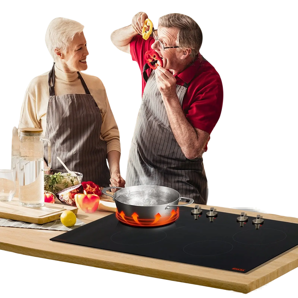Black glass-ceramic induction cooktop with four burners and knob controls featuring a red logo in the corner