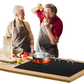 Black glass-ceramic induction cooktop with four burners and knob controls featuring a red logo in the corner
