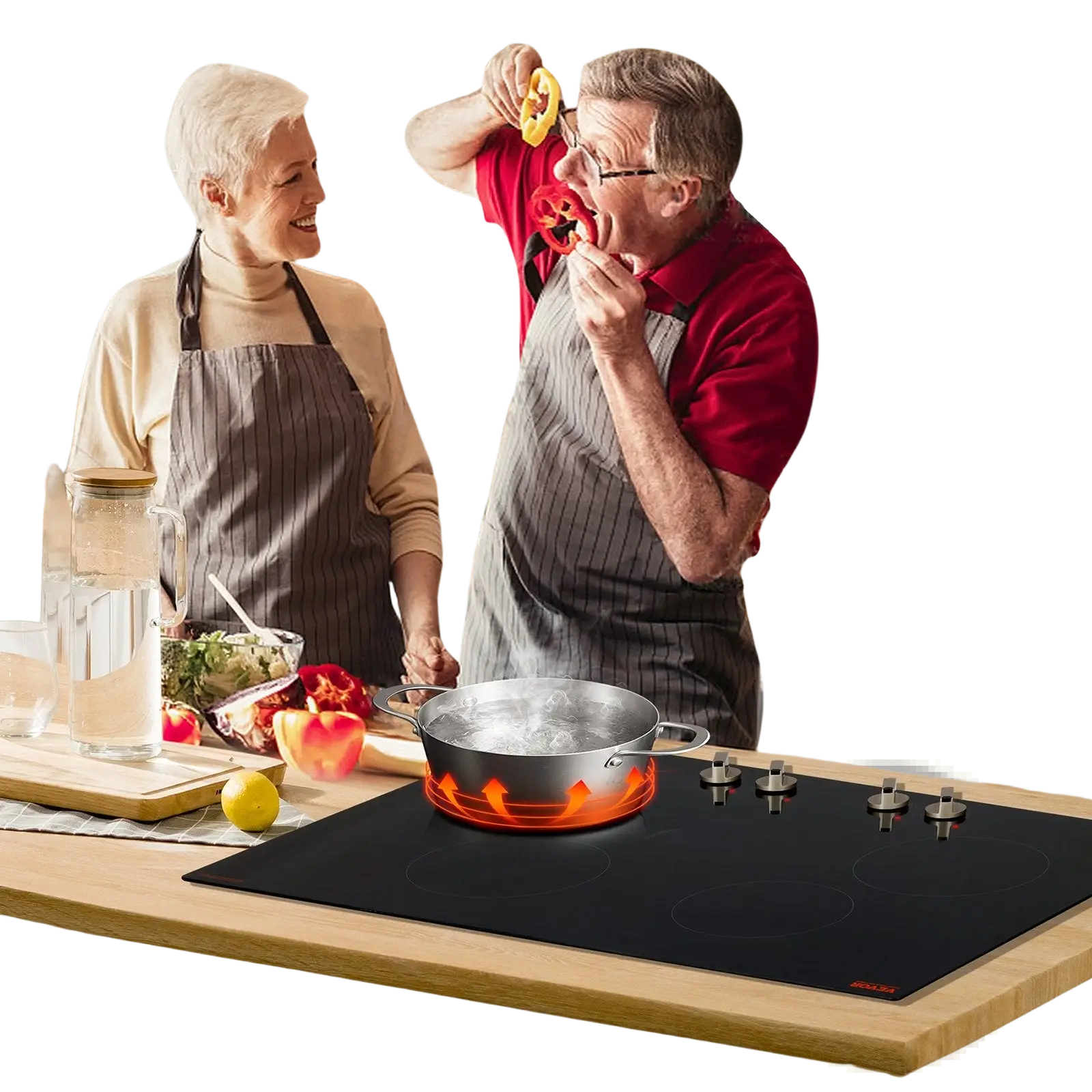 Black glass-ceramic induction cooktop with four burners and knob controls featuring a red logo in the corner