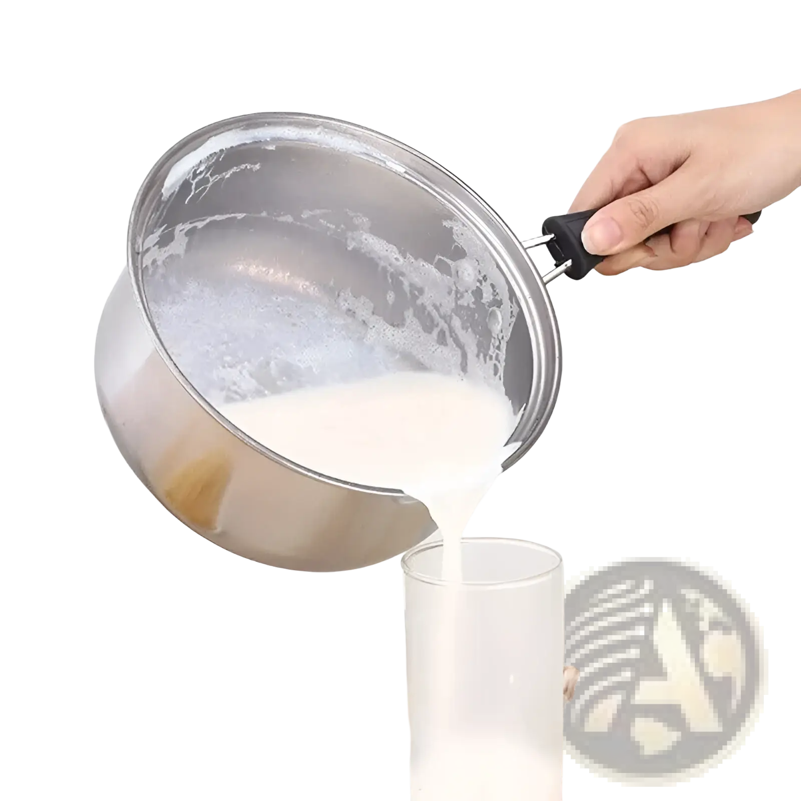 Stainless steel saucepan with black handle pouring milk into glass from induction cookware set with glass lids