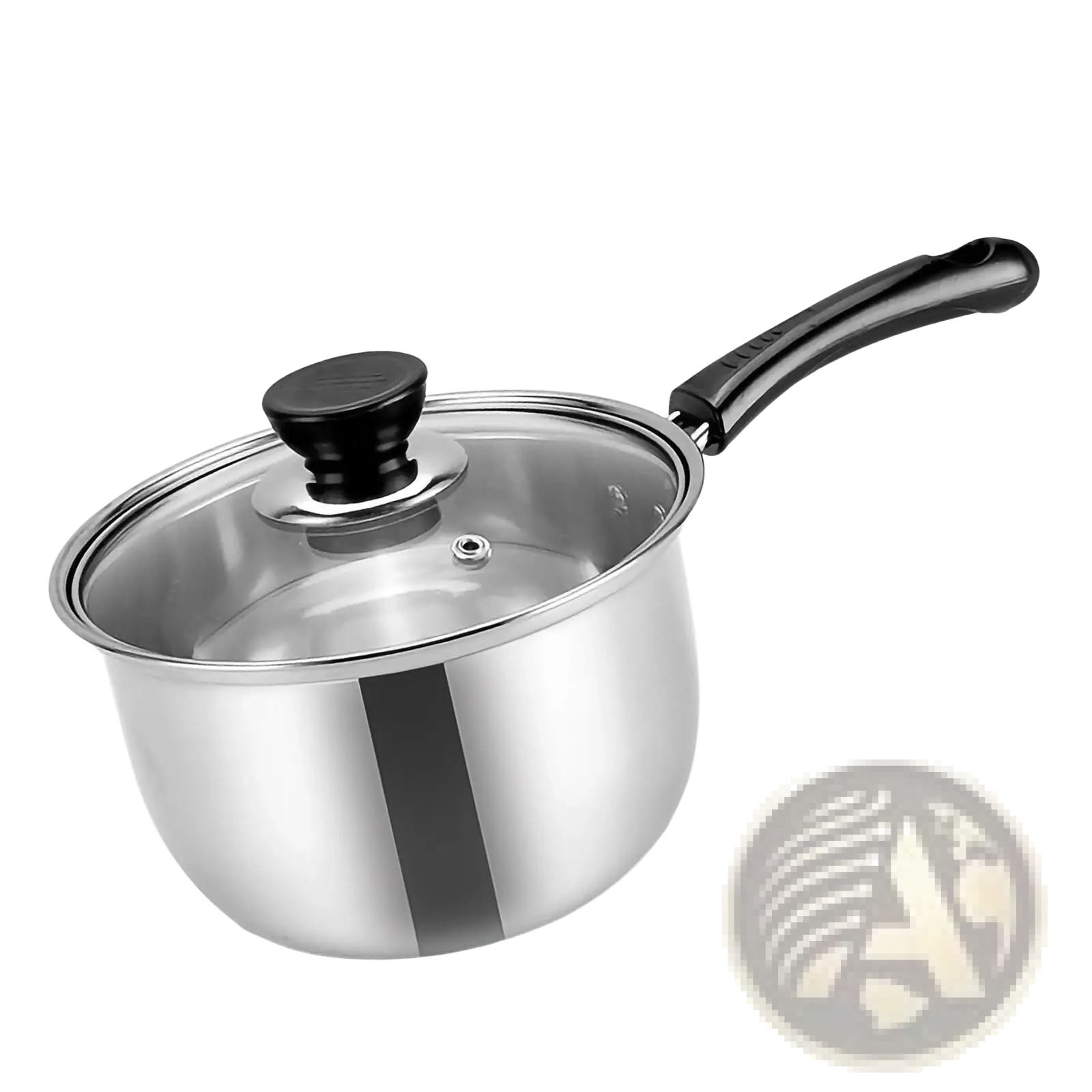Stainless steel saucepan with black handle and glass lid featuring black knob in induction cookware set