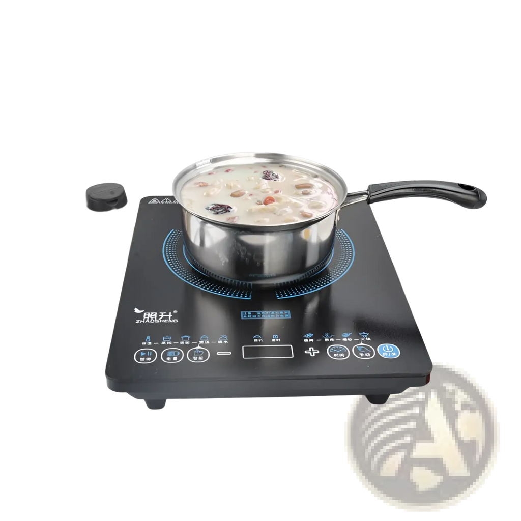 Black induction cooktop with stainless steel pot from induction stainless steel cookware set with glass lids