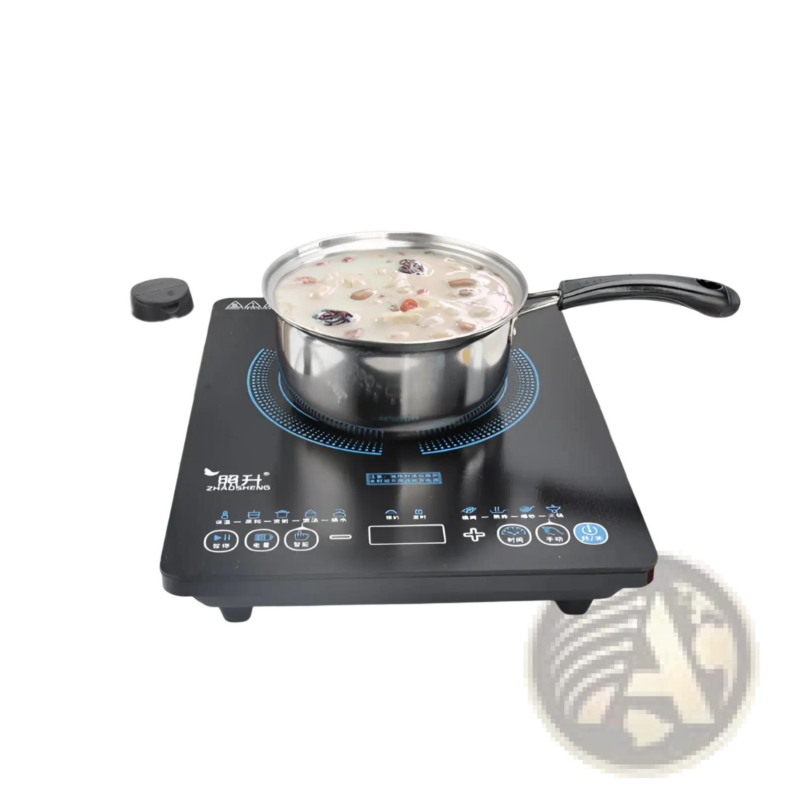 Black induction cooktop with stainless steel pot from induction stainless steel cookware set with glass lids