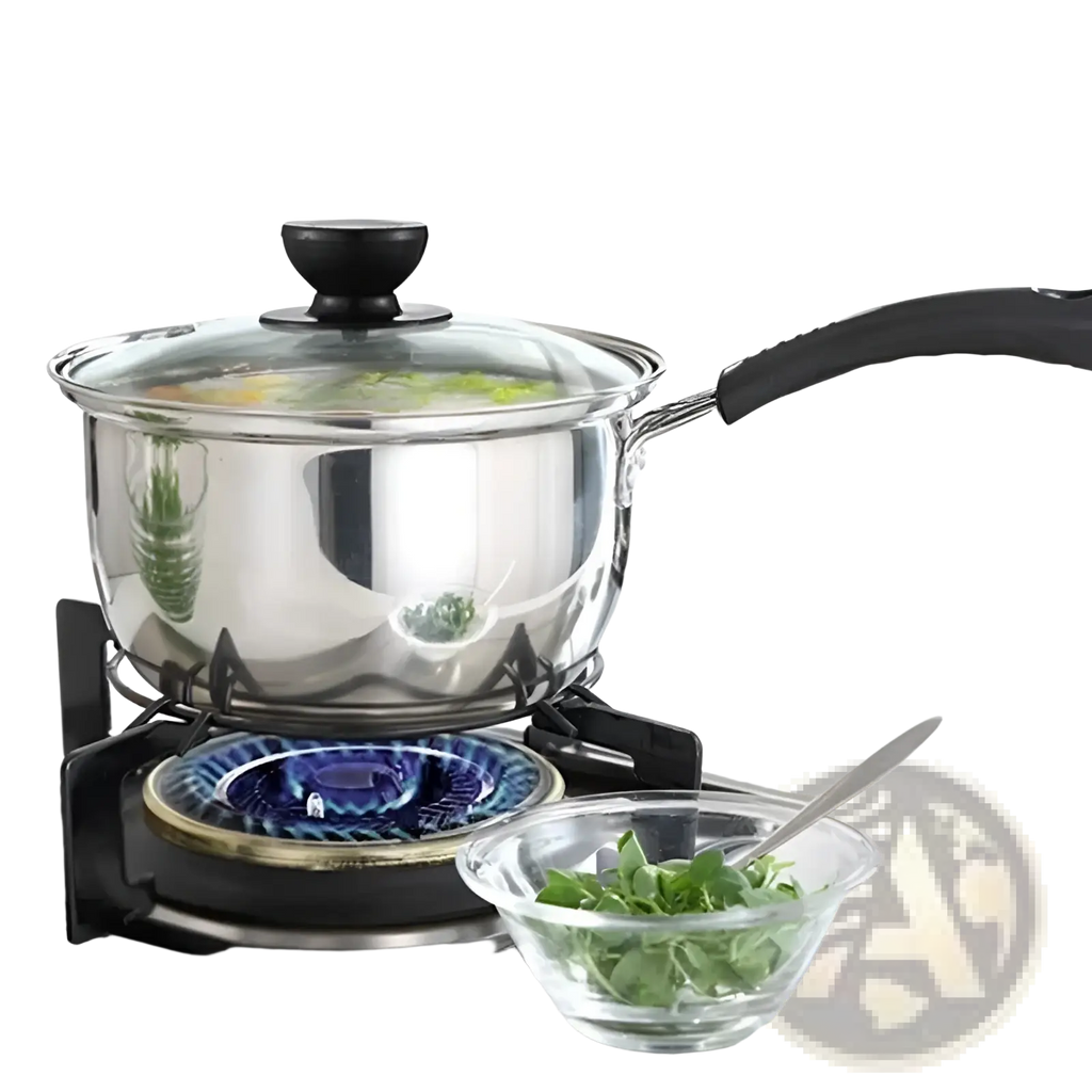 Shiny stainless steel induction cookware pot with clear glass lid and black handle featuring a sleek modern design