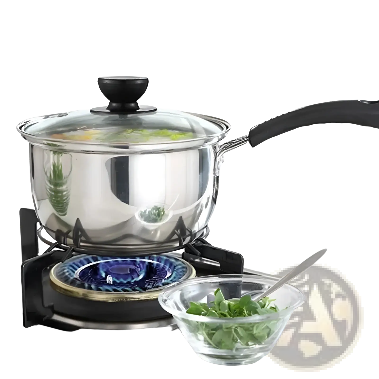 Shiny stainless steel induction cookware pot with clear glass lid and black handle featuring a sleek modern design