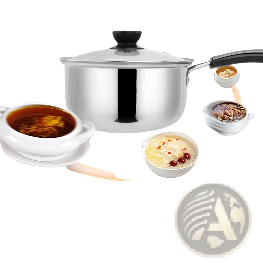 Shiny stainless steel induction cookware pot with black handle and lid knob featuring glass lid