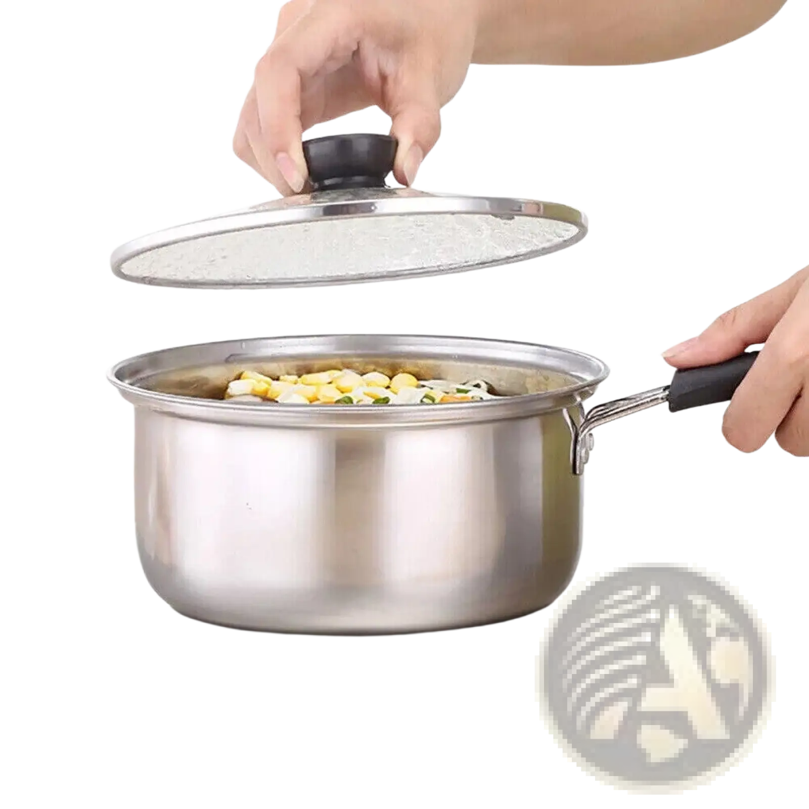 Induction stainless steel saucepan with black handle and clear glass lid for versatile cooking use