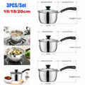 Set of three induction stainless steel saucepans with black handles and glass lids in 16cm 18cm and 20cm diameters