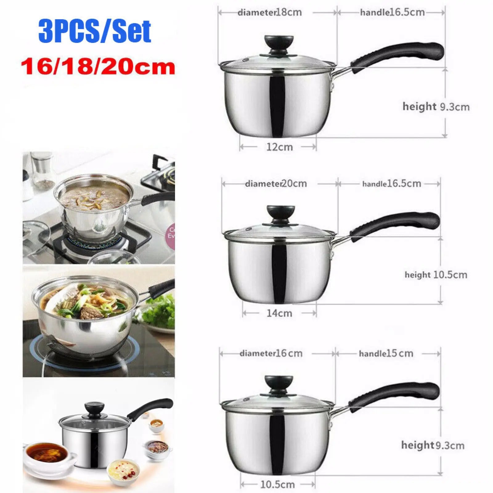 Set of three induction stainless steel saucepans with black handles and glass lids in 16cm 18cm and 20cm diameters