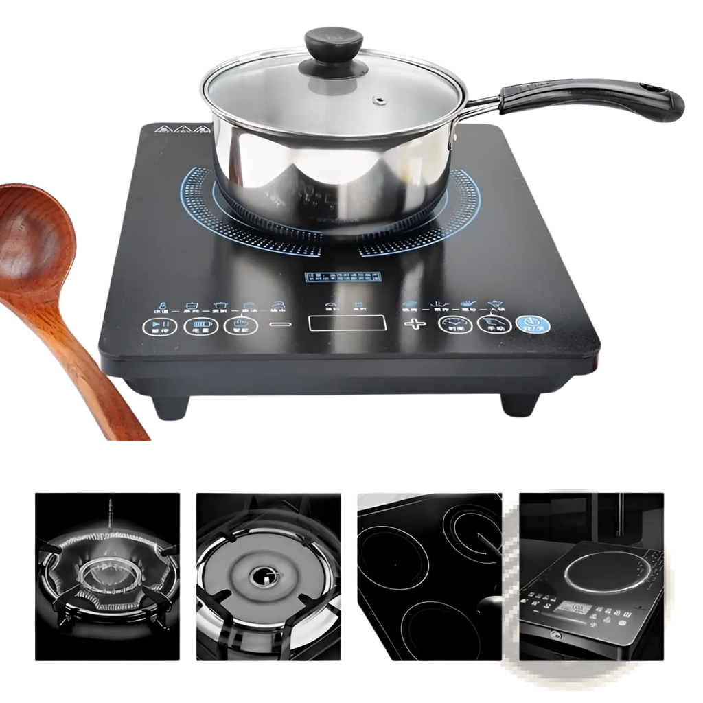 Black induction cooktop with stainless steel pot featuring glass lid and black handle from induction cookware set