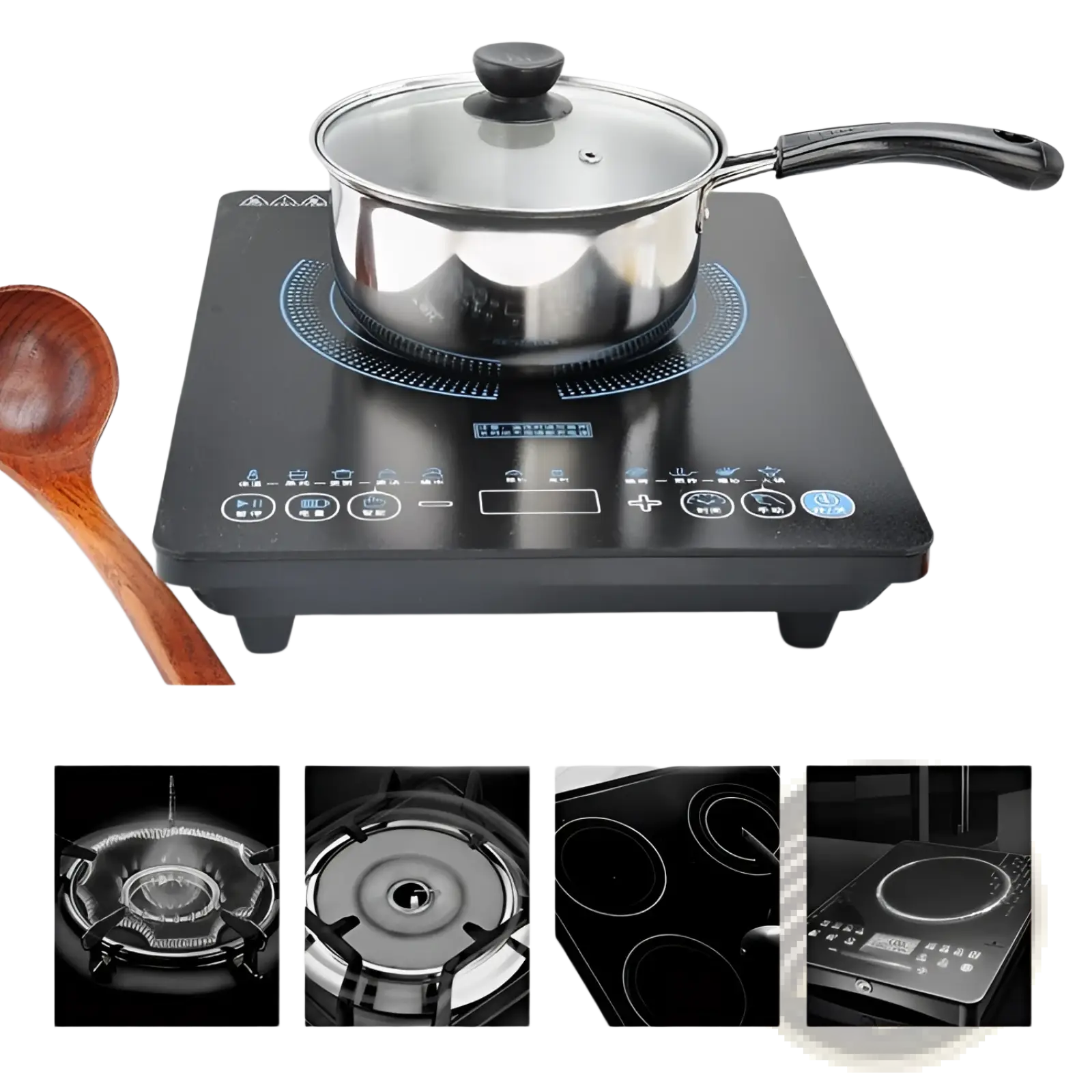 Black induction cooktop with stainless steel pot featuring glass lid and black handle from induction cookware set