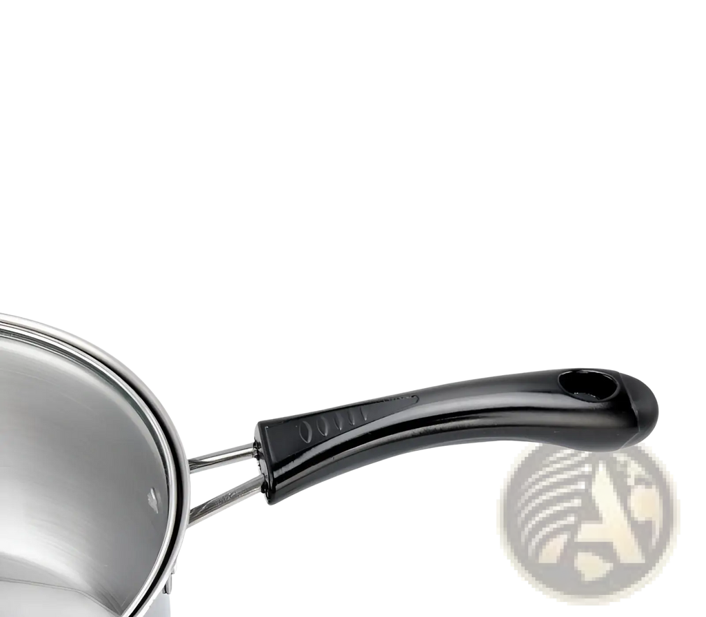 Black bakelite handle with smooth glossy finish and textured grip on induction stainless steel cookware set with glass lids