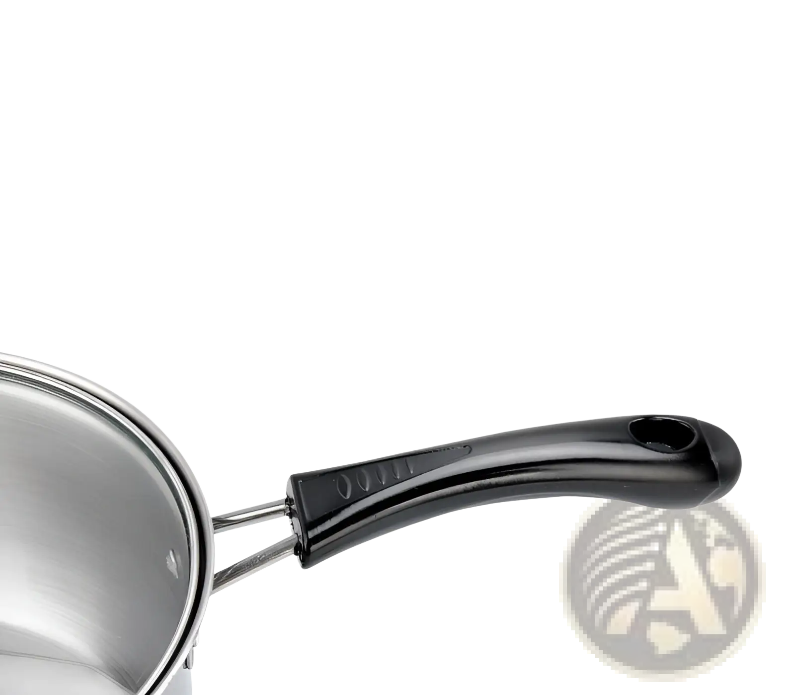 Black bakelite handle with smooth glossy finish and textured grip on induction stainless steel cookware set with glass lids