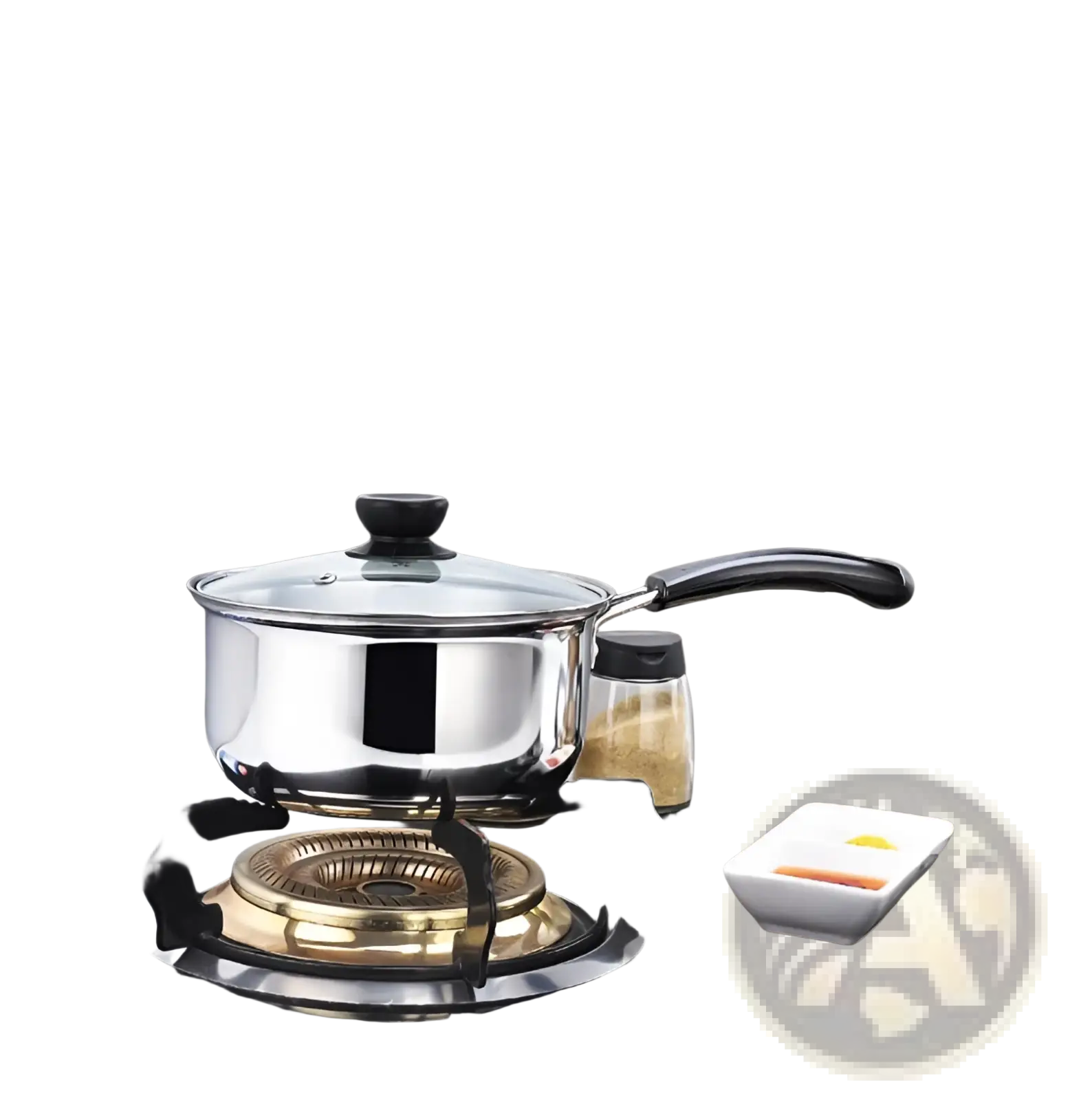 Shiny stainless steel induction cookware pot with black handle and lid knob on gas stove burner