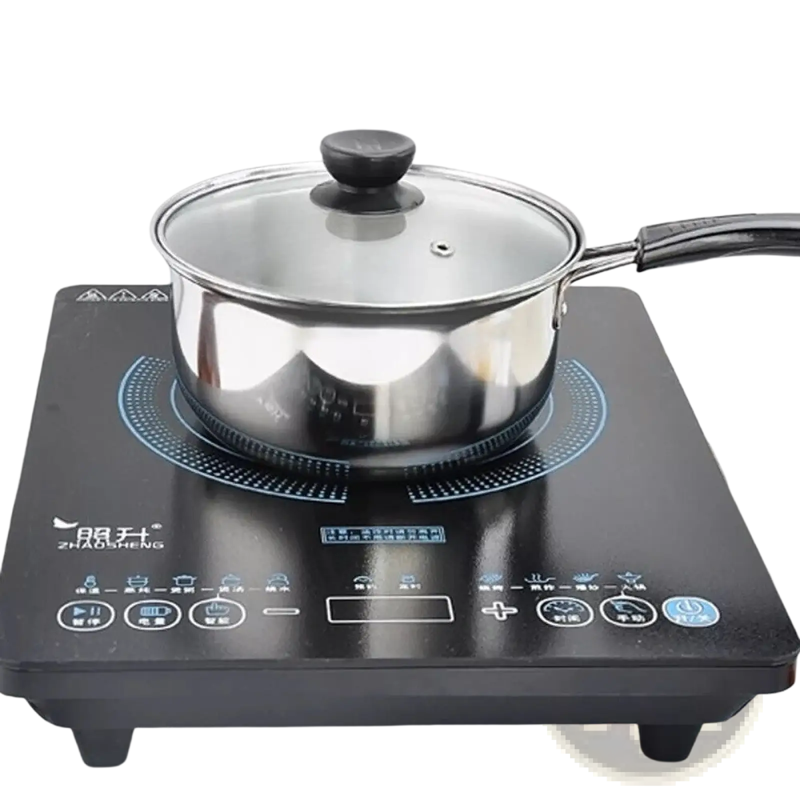 A sleek black induction cooktop with a stainless steel pot and glass lid from the induction stainless steel cookware set