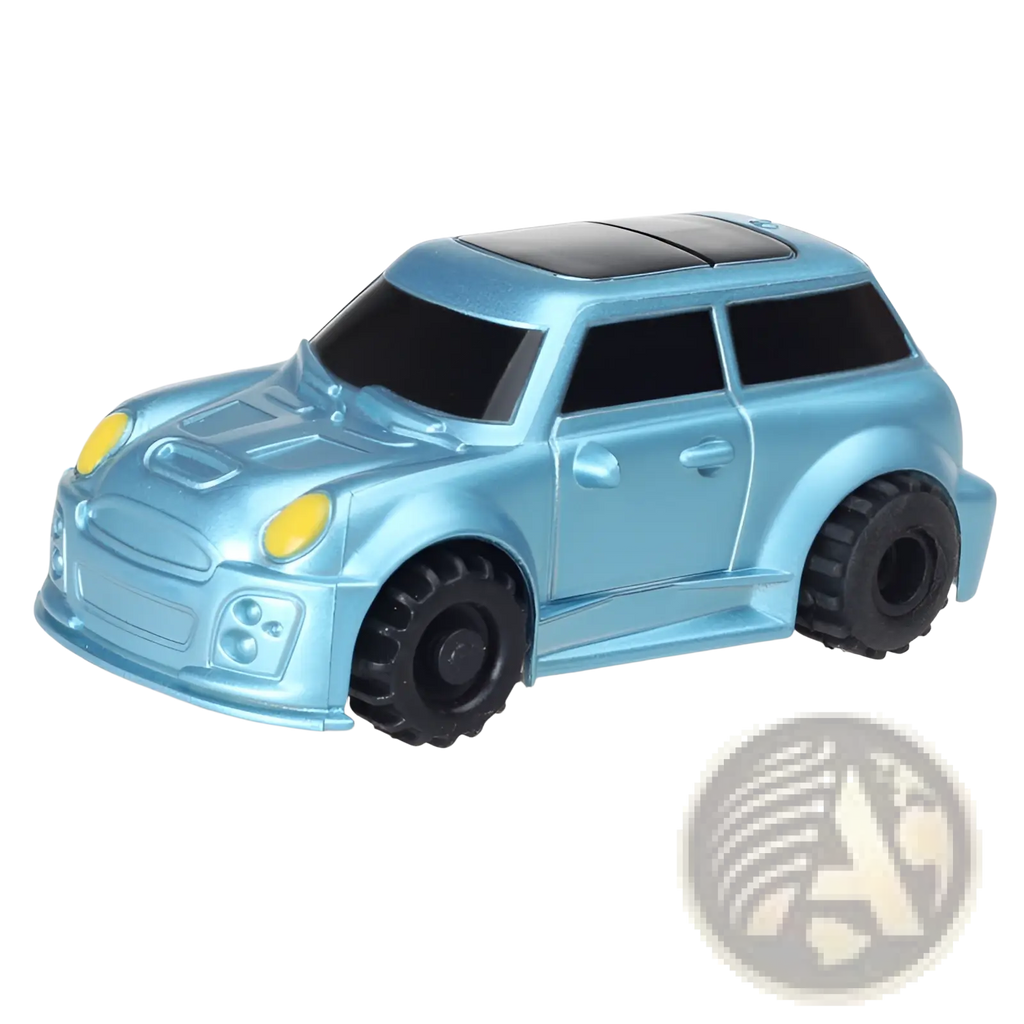 A shiny light blue inductive magic pen toy truck resembling a mini cooper with black tires and yellow headlights