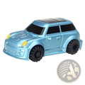 A shiny light blue inductive magic pen toy truck resembling a mini cooper with black tires and yellow headlights
