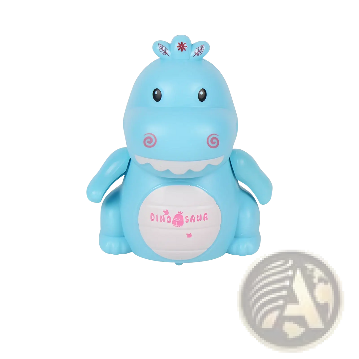 Light blue plastic dinosaur toy with pink accents and white belly patch reading dinosaur for inductive magic pen toy truck following car
