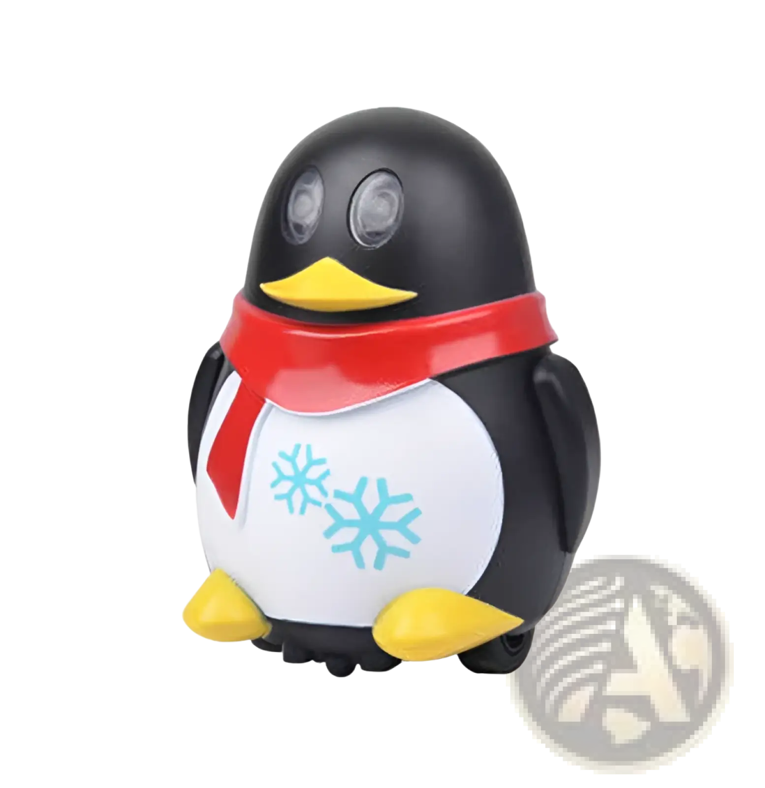 Black and white penguin-shaped led flashlight with red scarf yellow beak and feet and blue snowflake designs on belly