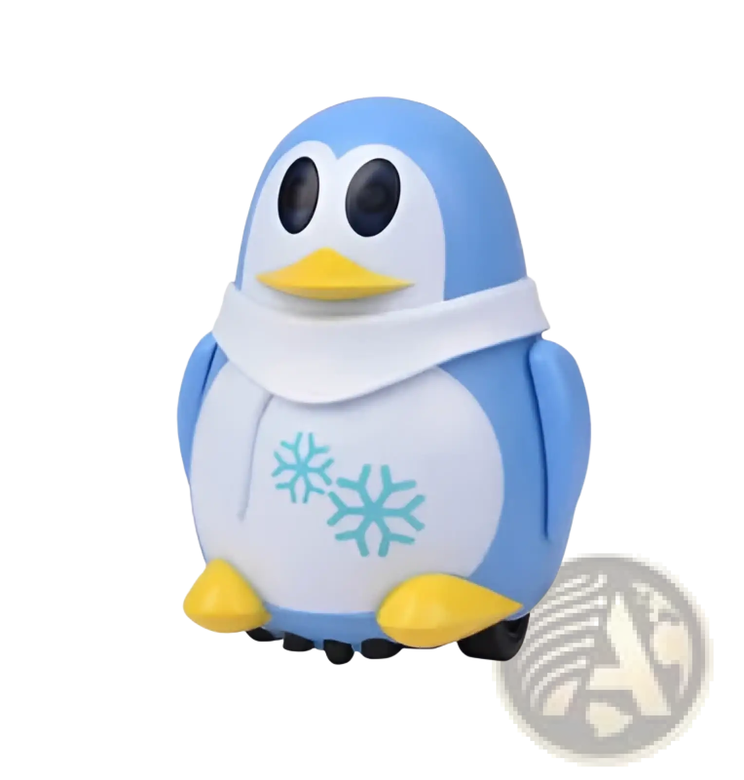 Blue and white penguin figurine with yellow beak feet and snowflake decals on inductive magic pen toy truck following car
