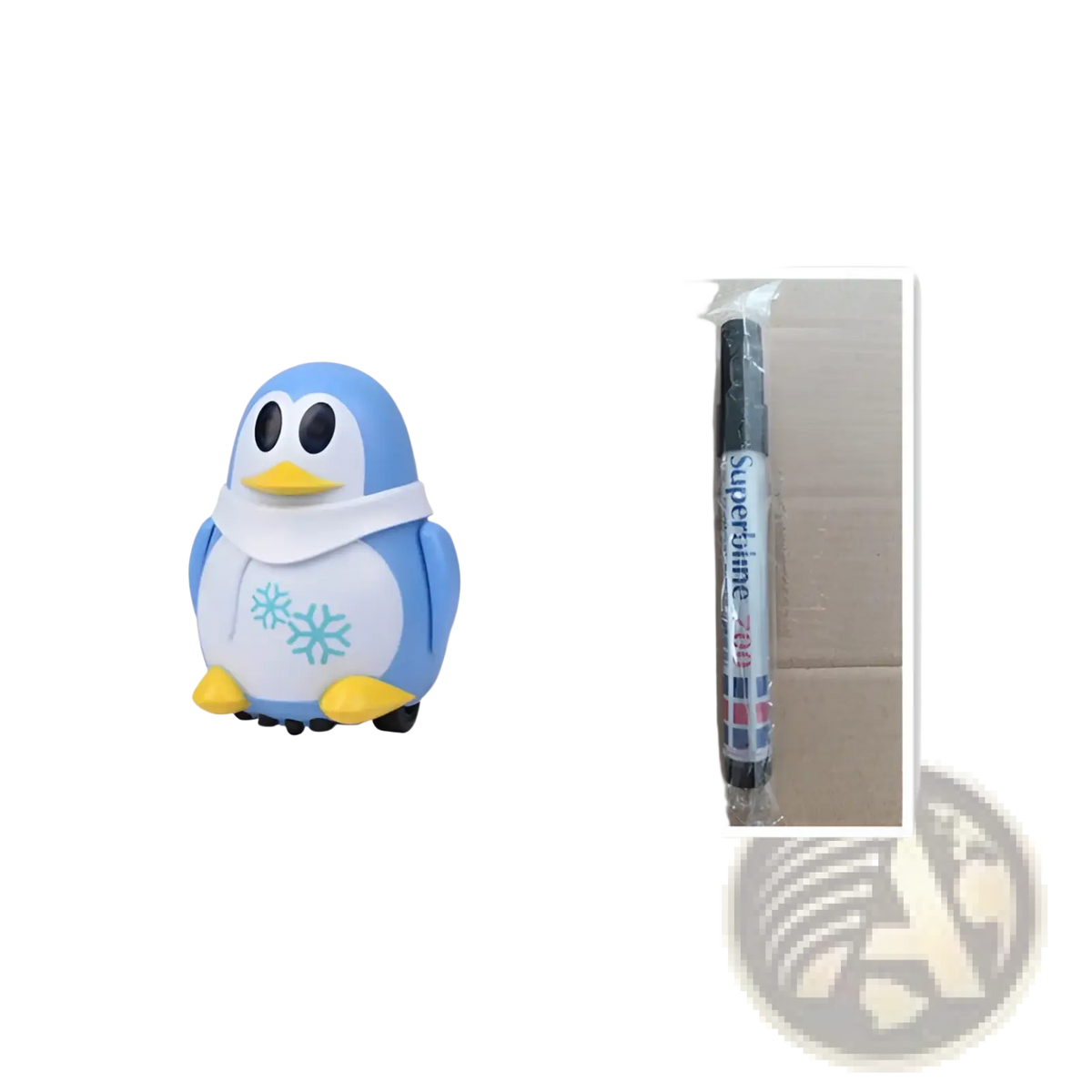 Blue and white penguin-shaped stress ball with yellow beak and snowflake designs for inductive magic pen toy truck following car
