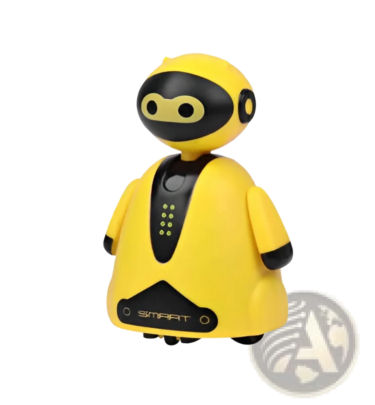 Yellow and black inductive magic pen toy truck following car with a rounded head and smart label on its chest