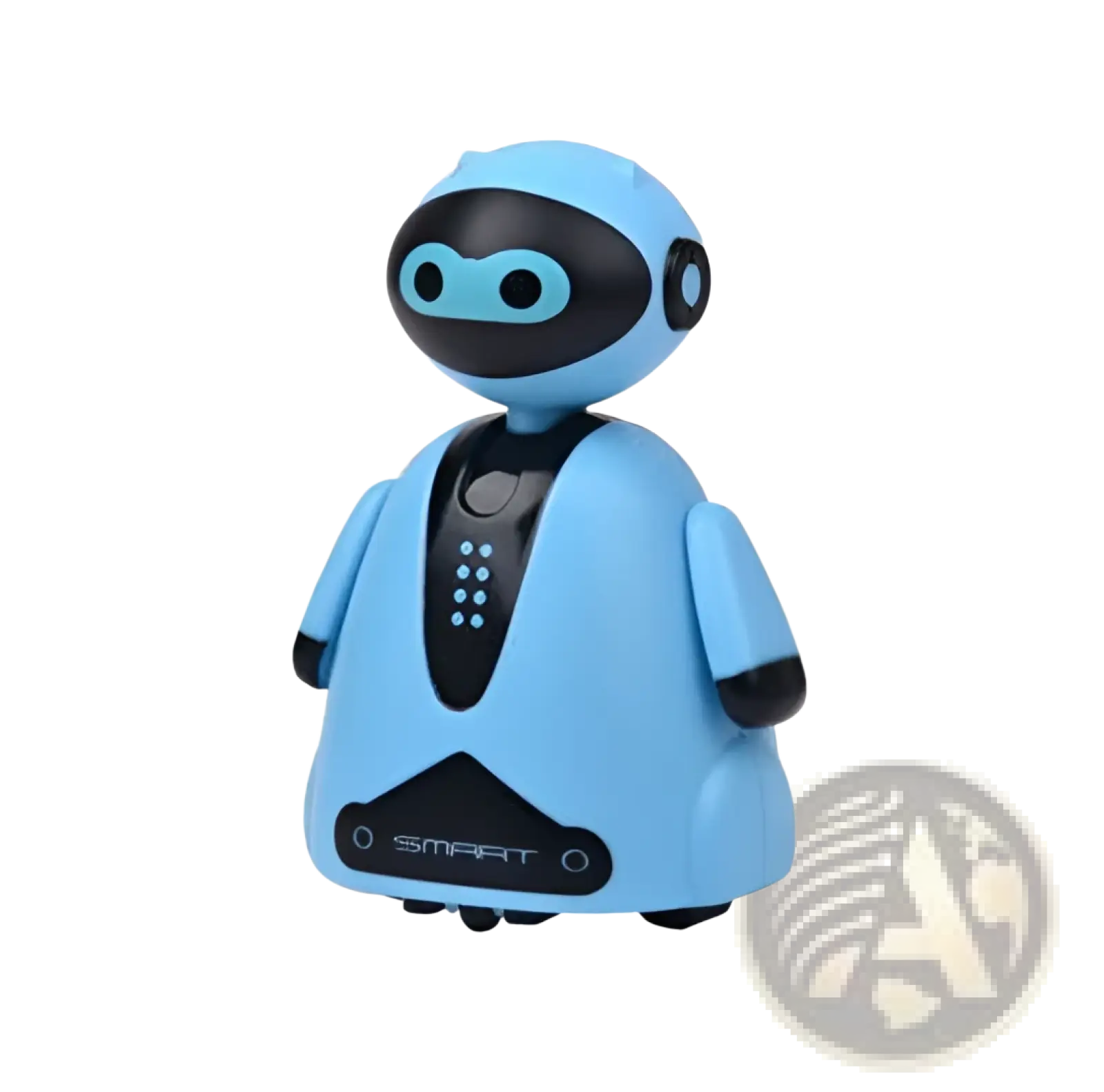 Light blue and black plastic inductive magic pen toy truck robot with rounded head glowing eyes and smart branding on chest