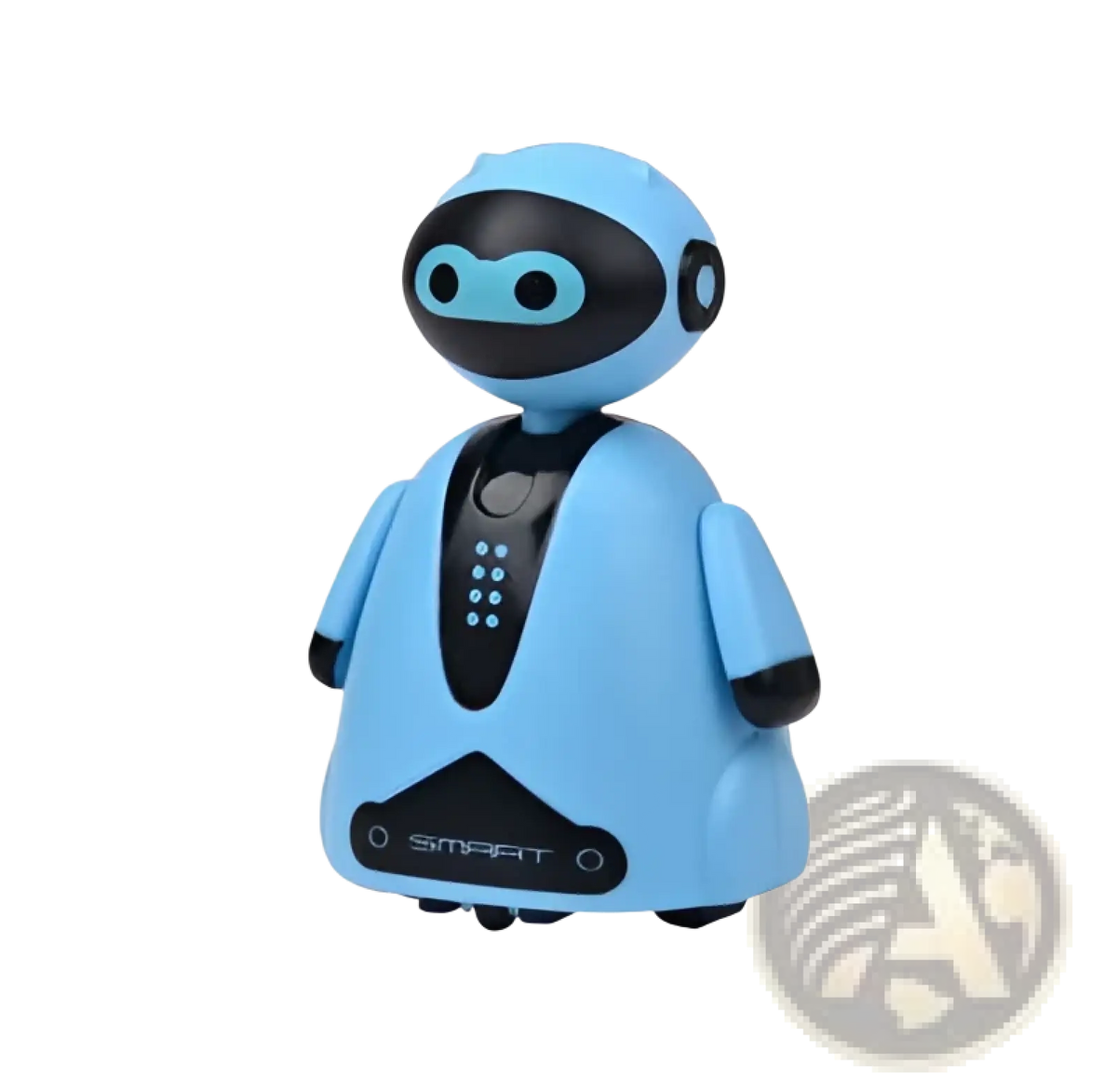 Light blue plastic robot toy with black accents and smart label from inductive magic pen toy truck following car