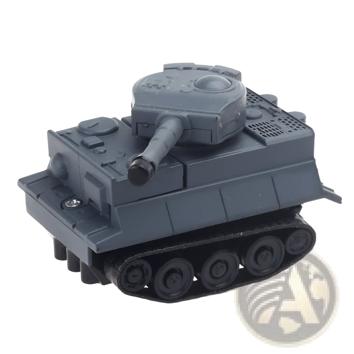 Gray plastic model tank with black tracks and detailed turret from inductive magic pen toy truck following car
