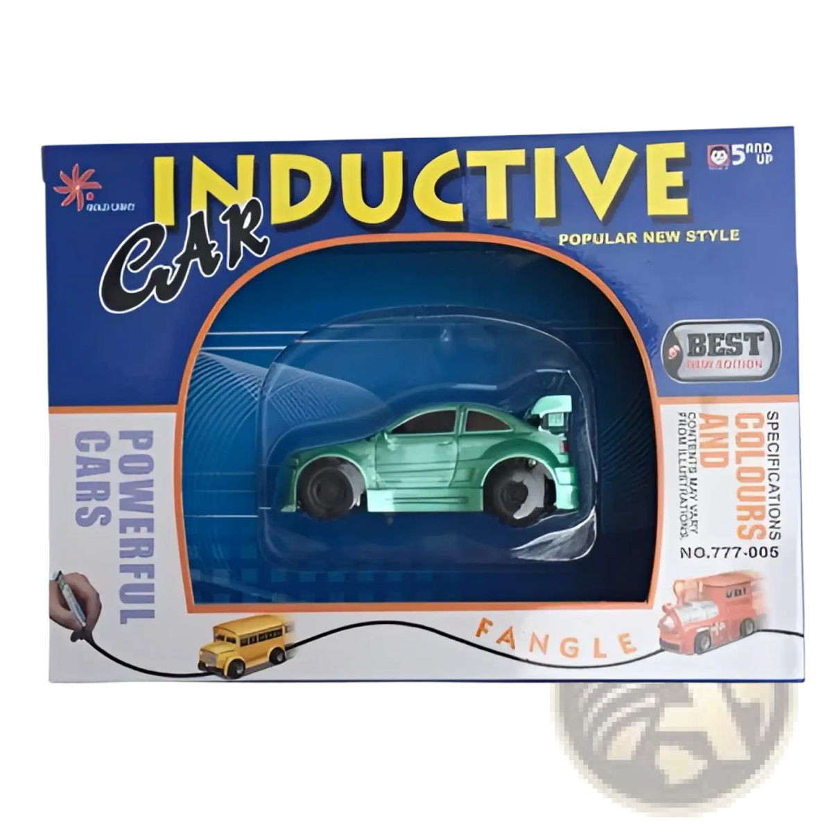 A mint green inductive magic pen toy truck with black wheels and rear spoiler in an inductive car box