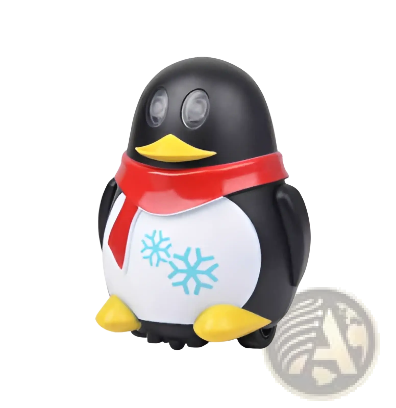 Inductive magic pen toy truck following car featuring a black and white penguin-shaped flashlight with yellow accents and blue snowflakes