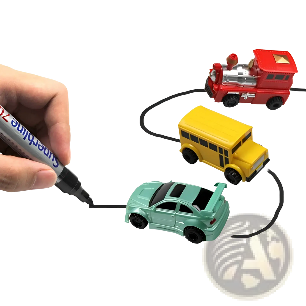 A hand holding a black superline 7 marker draws lines connecting a red train yellow bus and mint green sports car in the inductive magic pen toy truck following car set