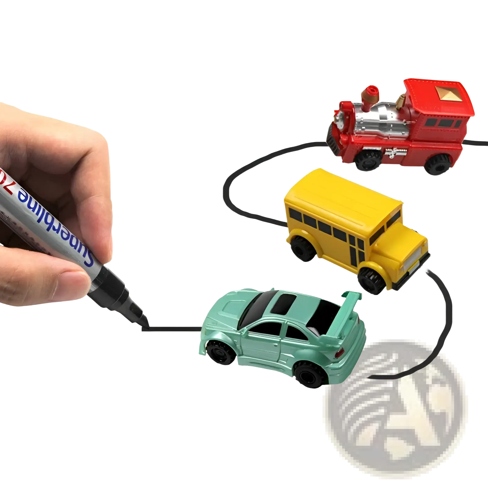 A hand holding a black superline 7 marker draws lines connecting a red train yellow bus and mint green sports car in the inductive magic pen toy truck following car set